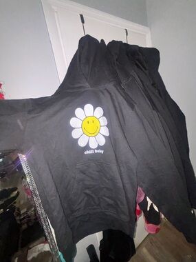 Chill Baby Black Hoodie with Smiley Daisy Graphic